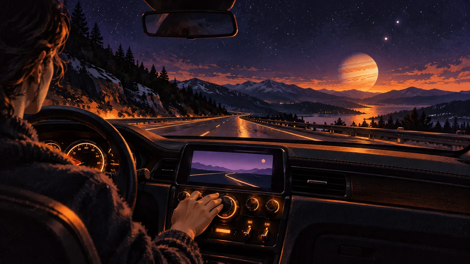The view from behind a driver at night, one hand on a glowing dashboard knob while their eyes stay on a mountain highway, Jupiter low over a lake ahead.