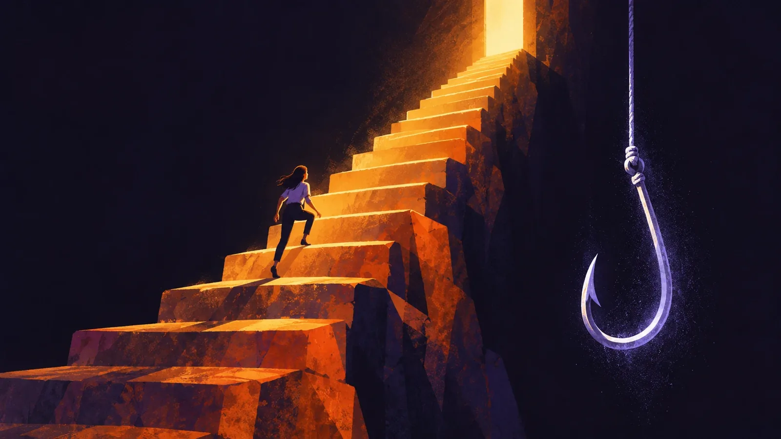 A person climbs warm stone steps toward a bright doorway while a pale fishhook hangs in the dark beside the stairs.