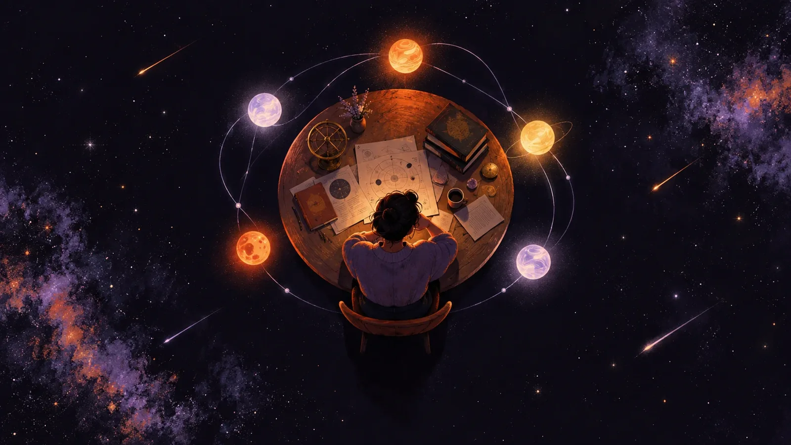 Seen from above, a person works at a round table while small glowing worlds circle it like colleagues.