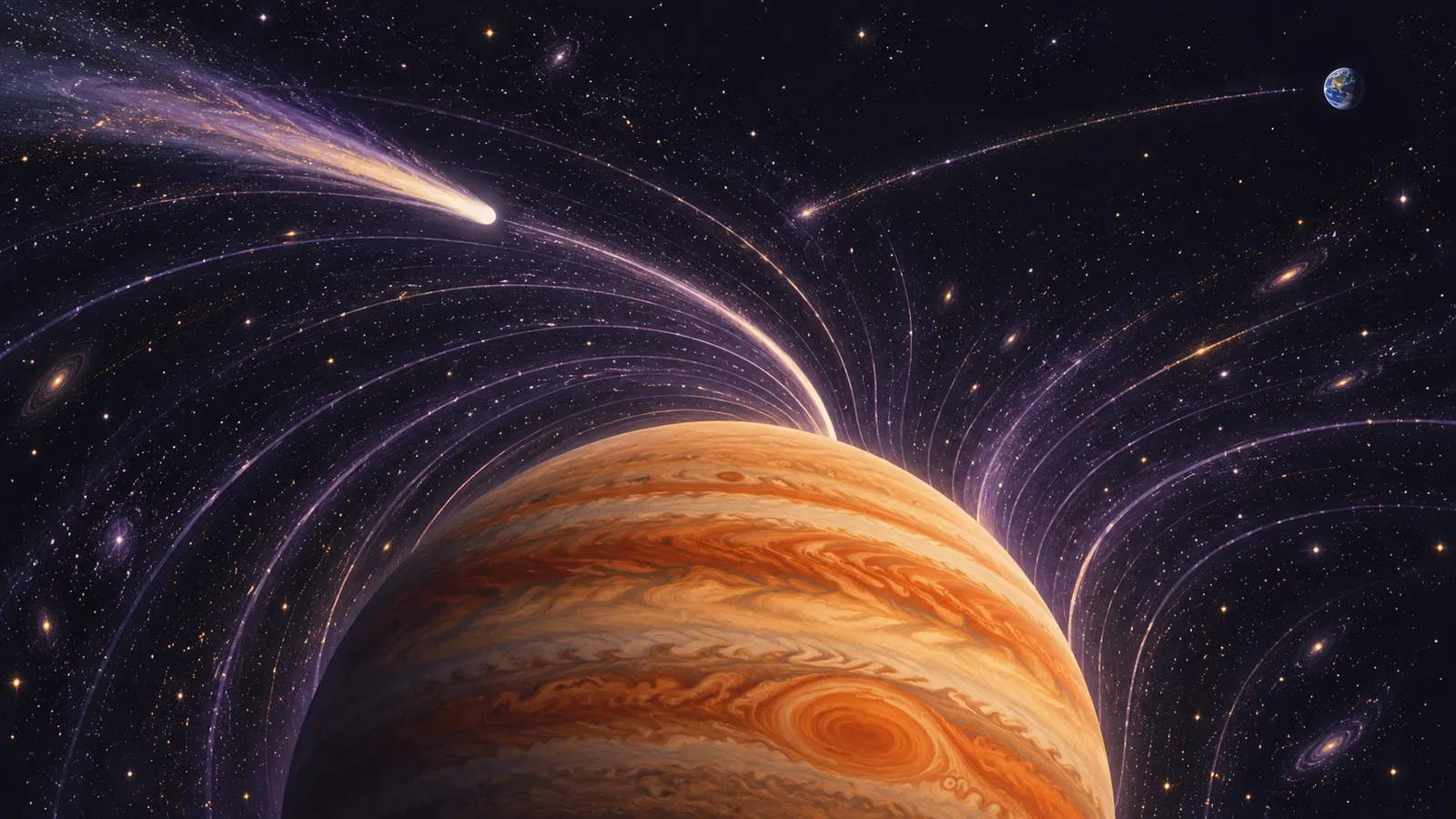 Jupiter at the bottom of a funnel of curved starlight, bending a comet’s path away from a distant small Earth.