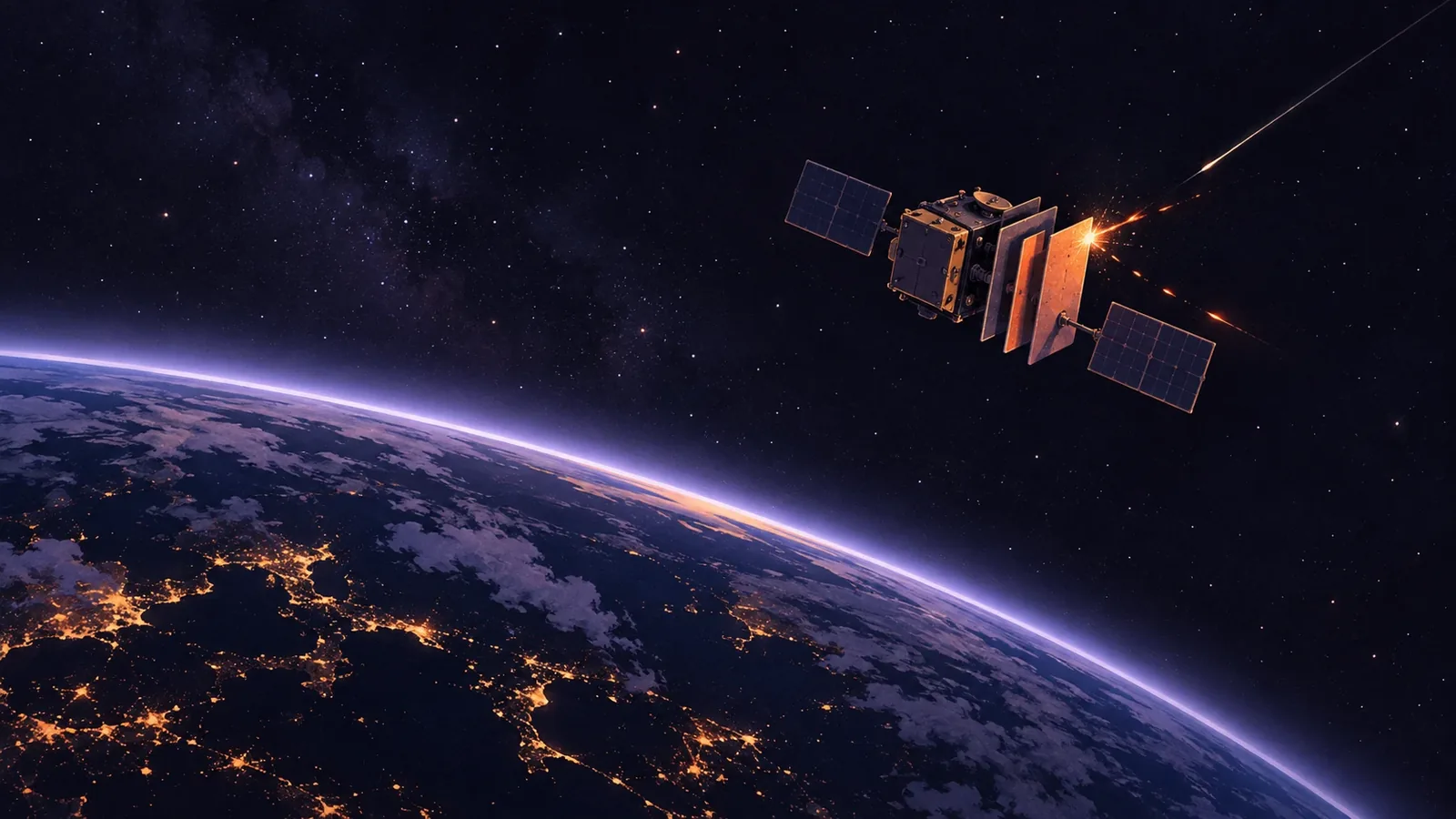 A small satellite with layered bumper panels above Earth’s night side, deflecting a micrometeor streak.